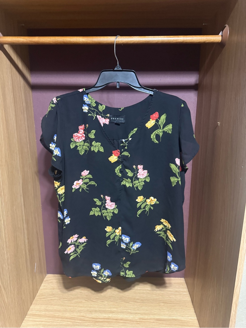 Premise Black Multicolor Floral Short Sleeve Blouse Size XL